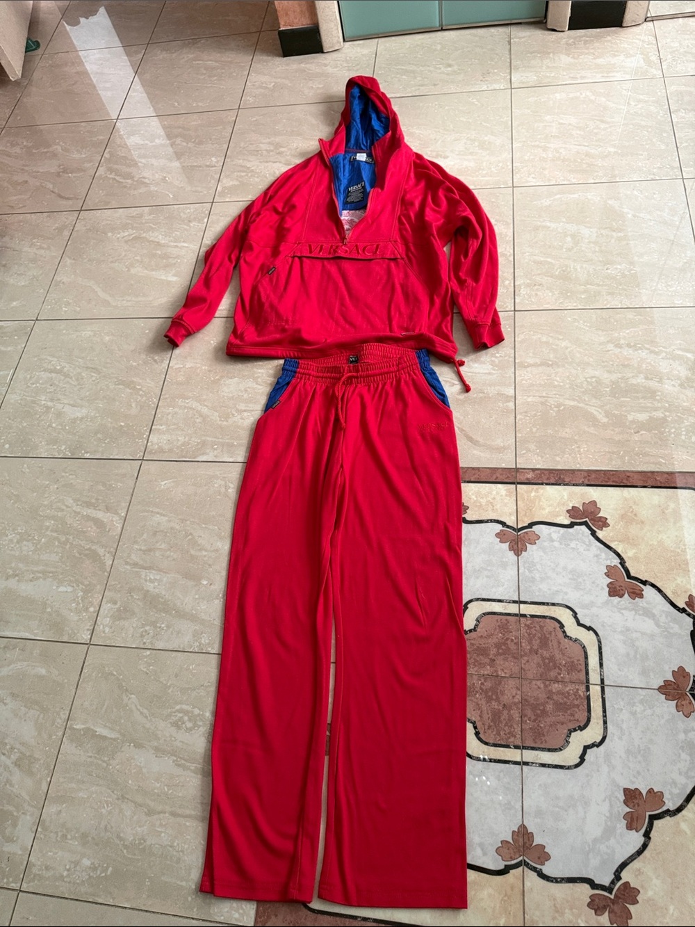 Versace Red Hooded Track Pants and Pullover Set with Blue Accents